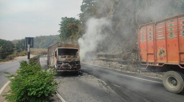 Loaded truck catches fire due to short circuit at Shangbangla, Ri Bhoi district